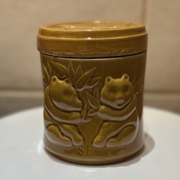 Vintage Sheila Fournier Ceramic Pottery Cannister Panda Bamboo Glazed 4.75" - Picture 1 of 9